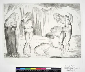 El círculo de los ladrones: Buoso Donati atacado por la serpiente, Infierno, Canto XXV, ilustración de la 